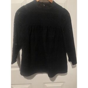 Vineyard‎ Vines Blouse Women's 10 Black Eyelet Top Lined Boxy Babydoll